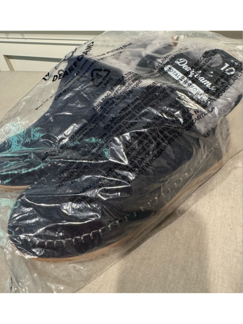 Men's Dearfoams Navy Suede faux fur trim Moccasin Slippers Size 10